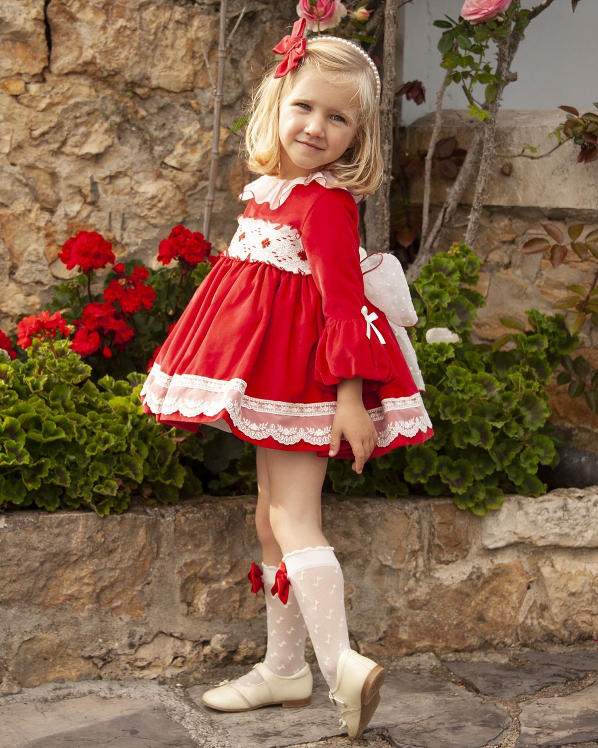 Red Velvet Smocked Dress with Hair Bow