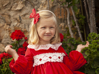 Red Velvet Smocked Dress with Hair Bow